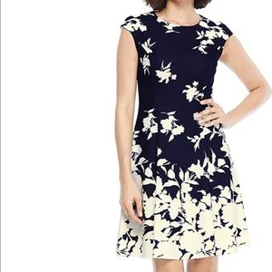 London Times || Women’s cap sleeve fit and flare navy blue floral cocktail dress